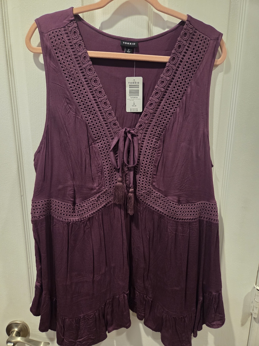 torrid Deep Plum Crochet-Trim Sleeveless Tunic with Tassel Tie